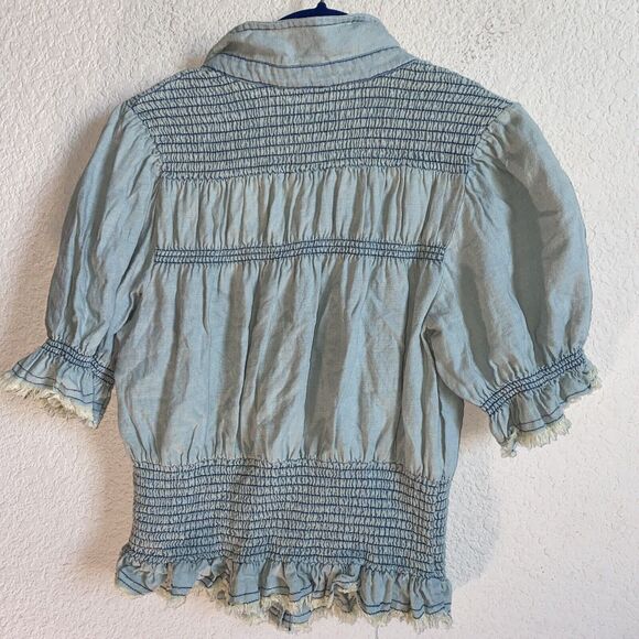 Pilcro Anthropologie Western Antique Denim Smocked Crop Frayed Button Blouse M - Picture 8 of 13